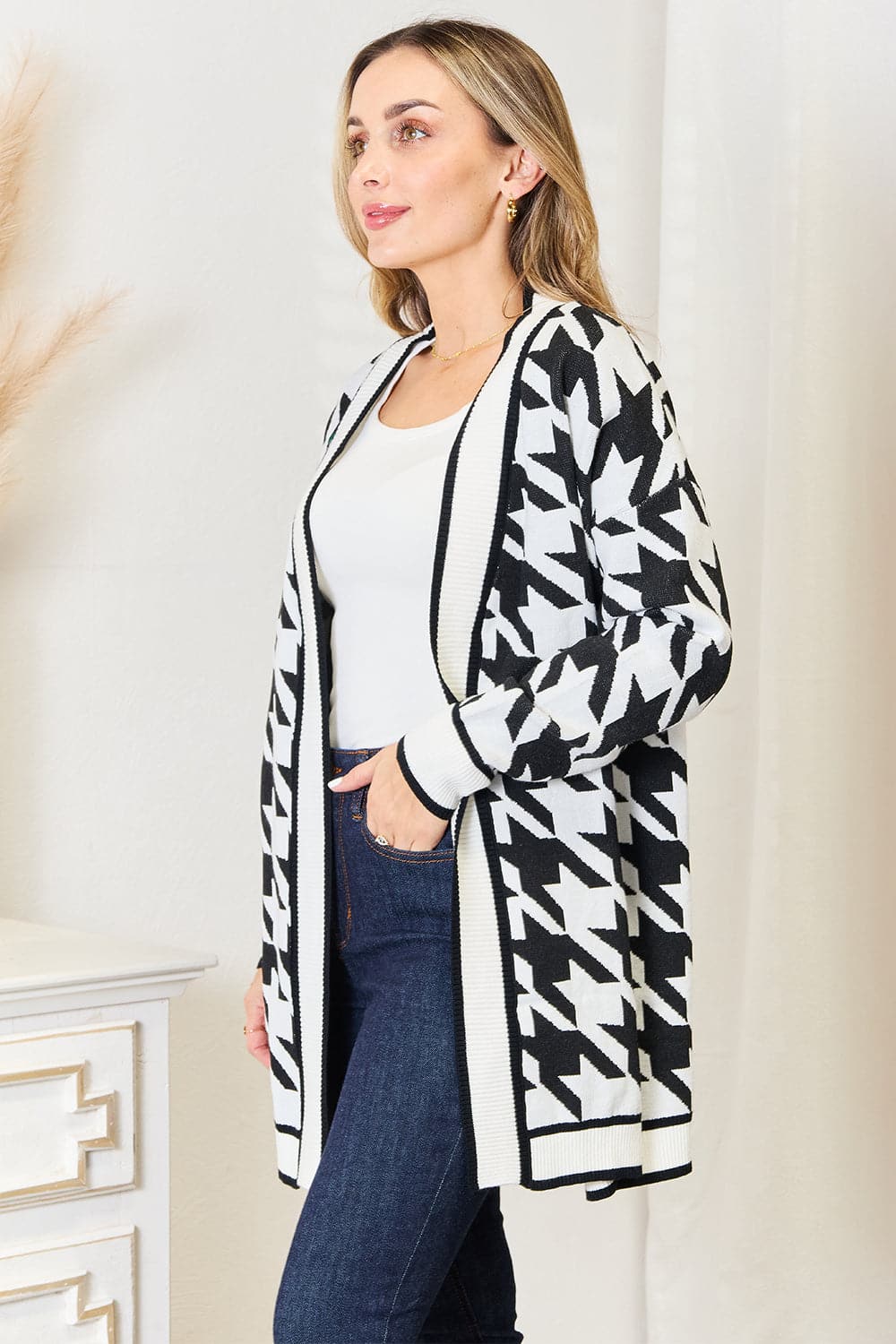 Woven Right Houndstooth Open Front Longline Cardigan.