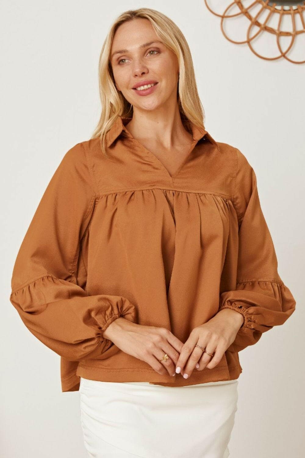 Balloon Sleeve Collared Neck Blouse.