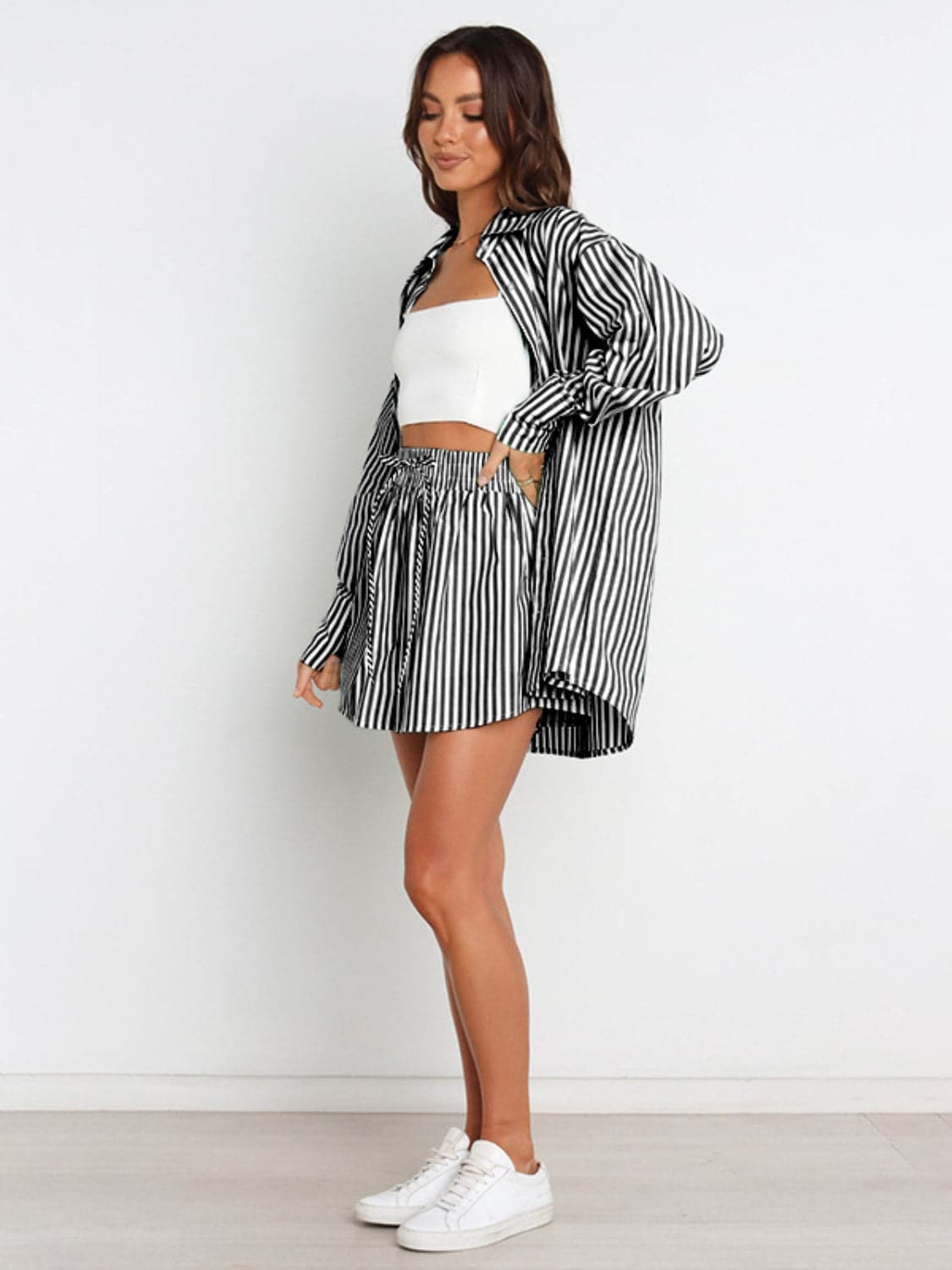 Striped Dropped Shoulder Shirt and Shorts Set.