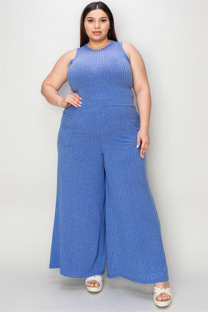 Basic Bae Full Size Ribbed Tank and Wide Leg Pants Set.