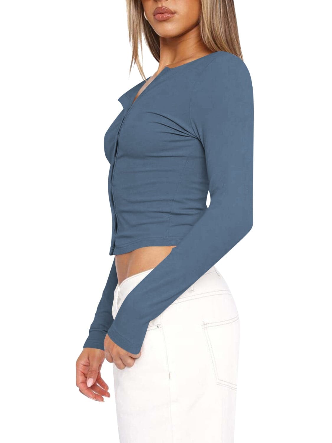 Button Up Round Neck Long Sleeve T-Shirt.