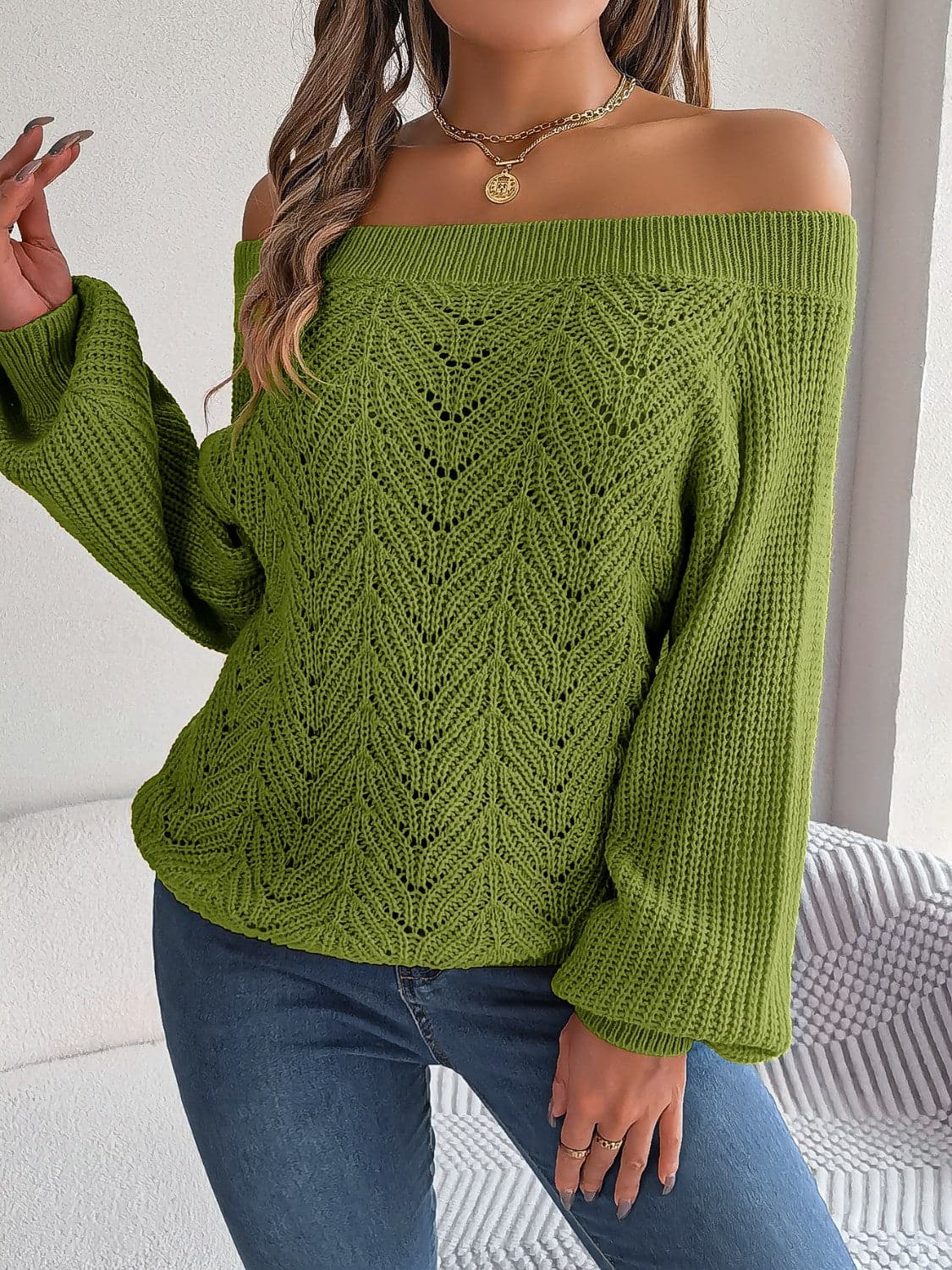 Openwork Off-Shoulder Long Sleeve Sweater.