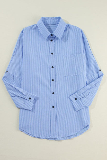 Pocketed Striped Collared Neck Long Sleeve Shirt.