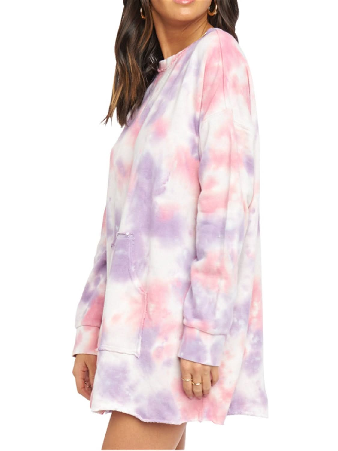 Chic Tie-Dye Long Sleeve Dress with Pockets and Stretch