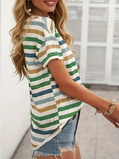 Striped Round Neck Short Sleeve T-Shirt.