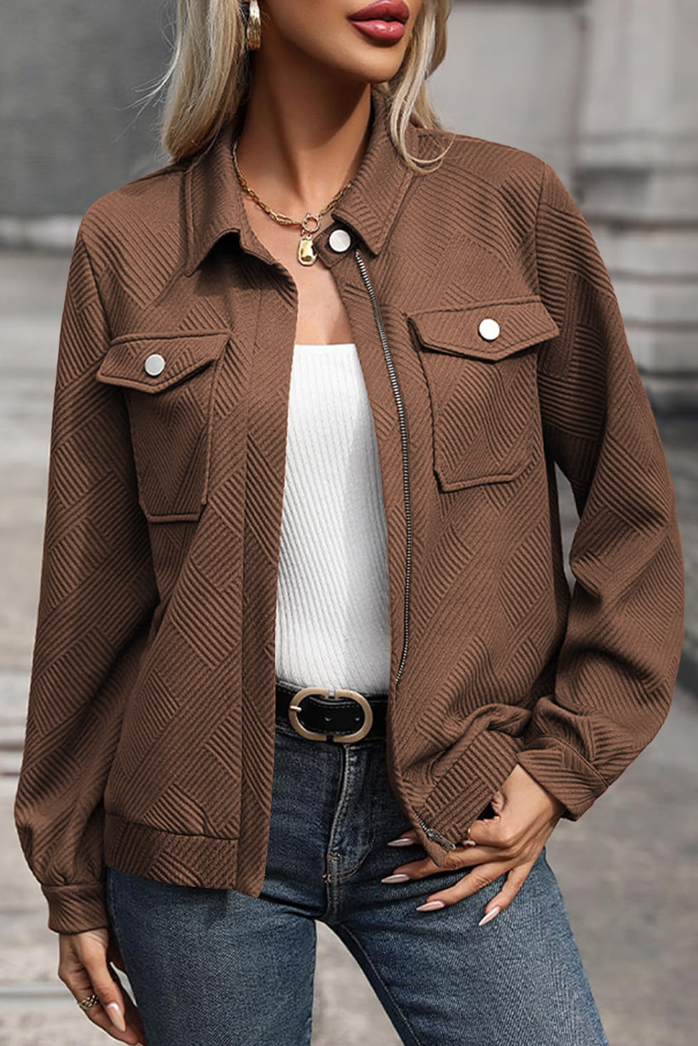 Coffee Solid Color Zip Up Jacket With Button Flap Pocket Shirt Collar Dear-Lover Dropshipping