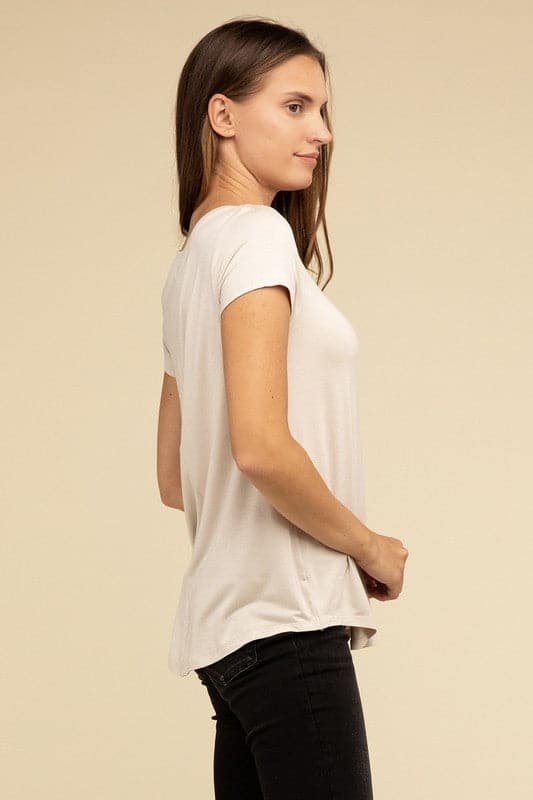 Flowy Round Hem Rayon Short Sleeve Top.