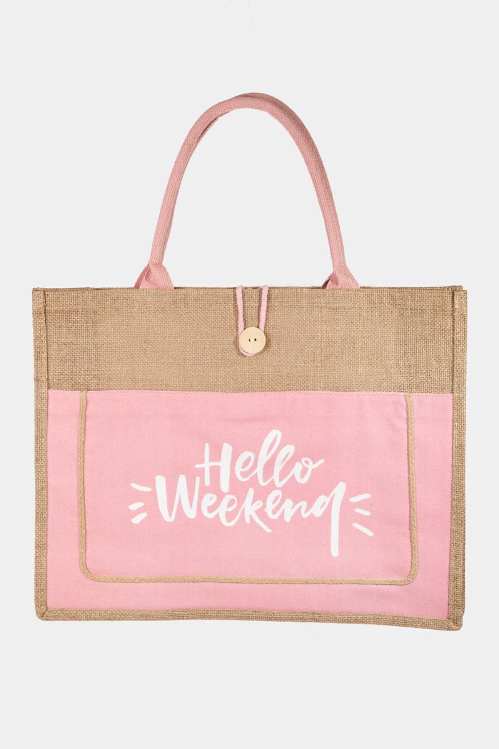 Fame Hello Weekend Burlap Tote Bag.