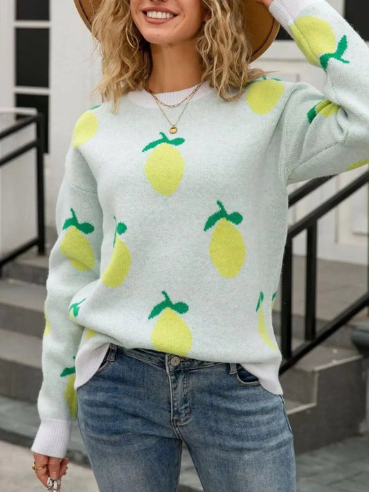 Lemon Crew Neck Round Neck Sweater Simply Love