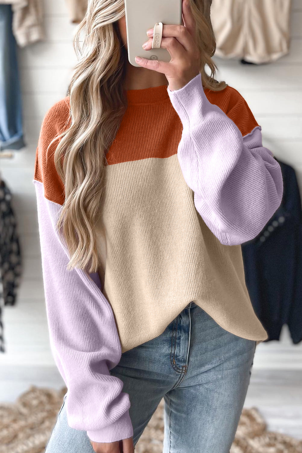 Khaki Color Block Ribbed Knit Baggy Sweater Loose Fit Dear-Lover Dropshipping