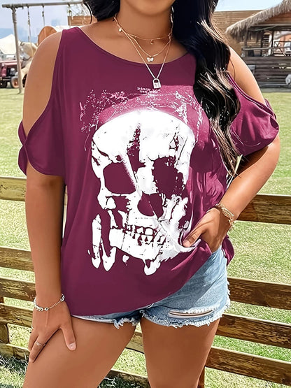 Stylish plus size skeleton cold shoulder tee for casual flair