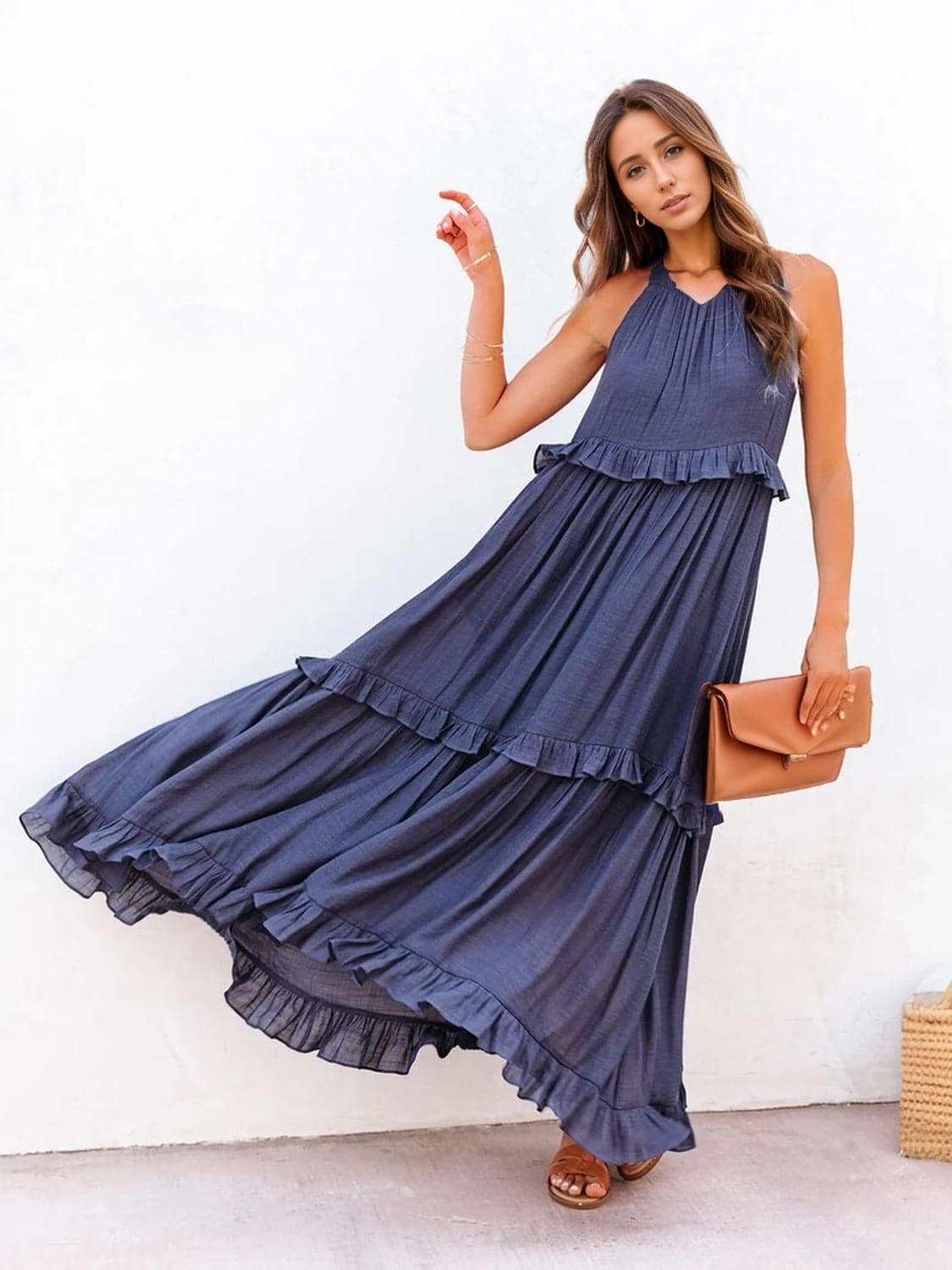 Ruffled Sleeveless Tiered Maxi Dress with Pockets.