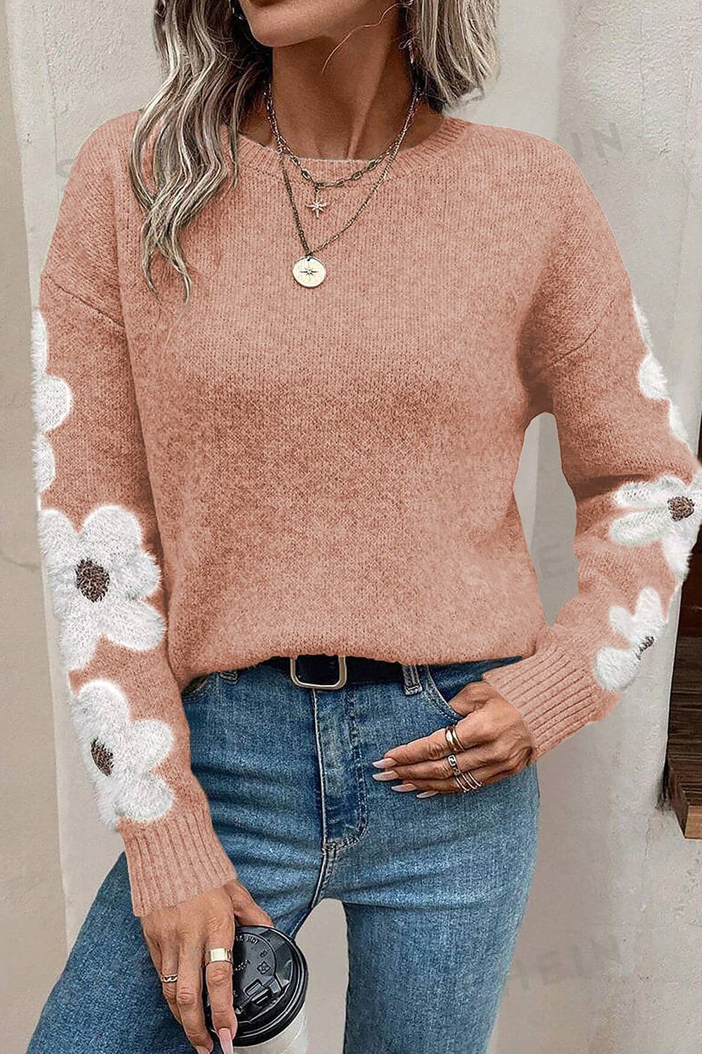 Flower Round Neck Long Sleeve Sweater.