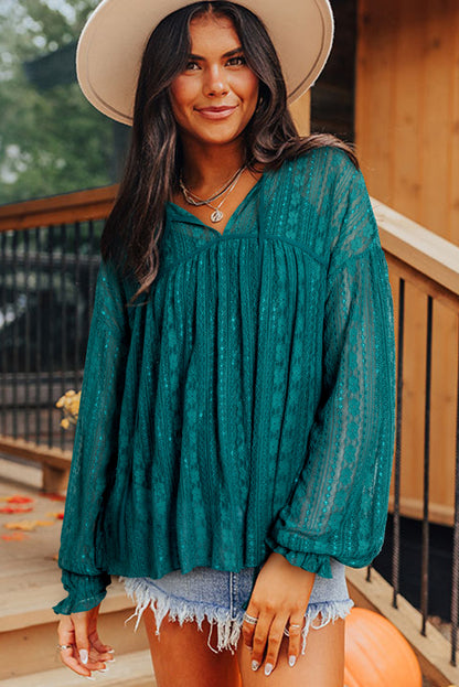 Premium Evergreen Sheer Lace Balloon Sleeve Babydoll Blouse