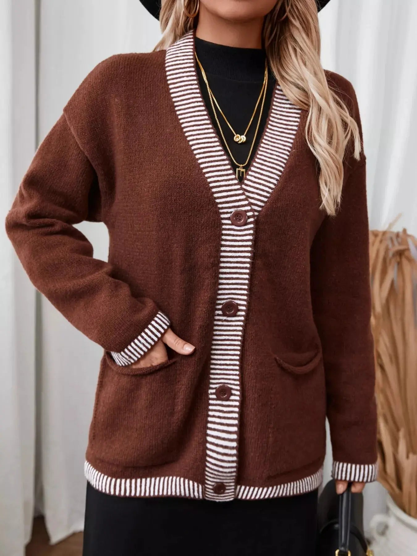 Striped Trim Button Front Pocket Knit Cardigan Simply Love