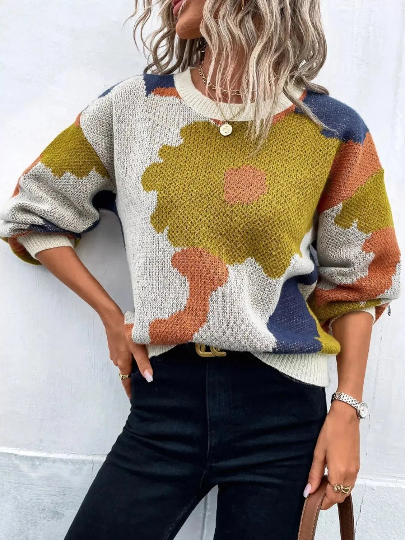 Floral Pattern Round Neck Sweater Simply Love