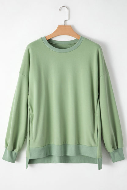 Smoke Green Solid O Neck High Low Hem Pullover Sweatshirt