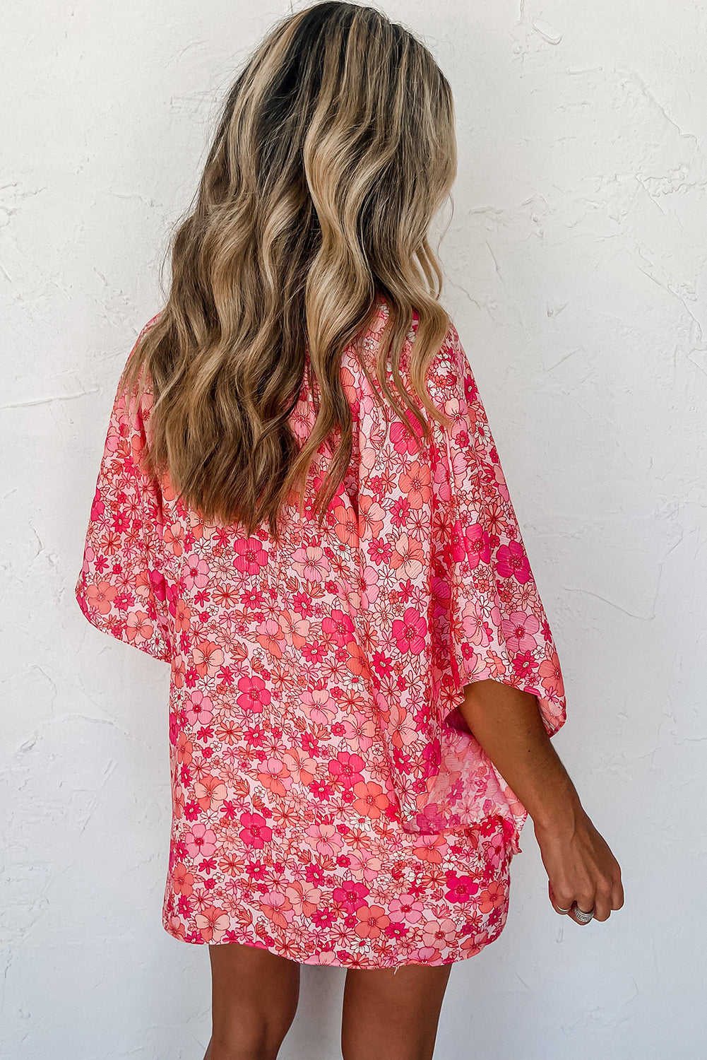 Pink Boho Floral V Neck Kimono Style Blouse