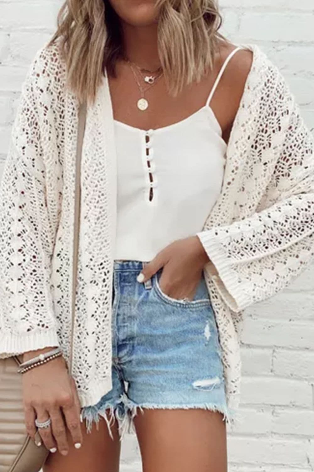 Openwork Open Front Dropped Shoulder Cardigan.