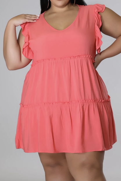 Plus Size V-Neck Frill Trim Mini Dress.