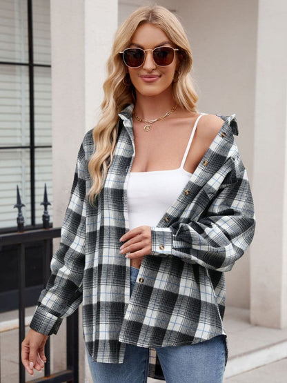 Plaid Collared Neck Long Sleeve Shirt.