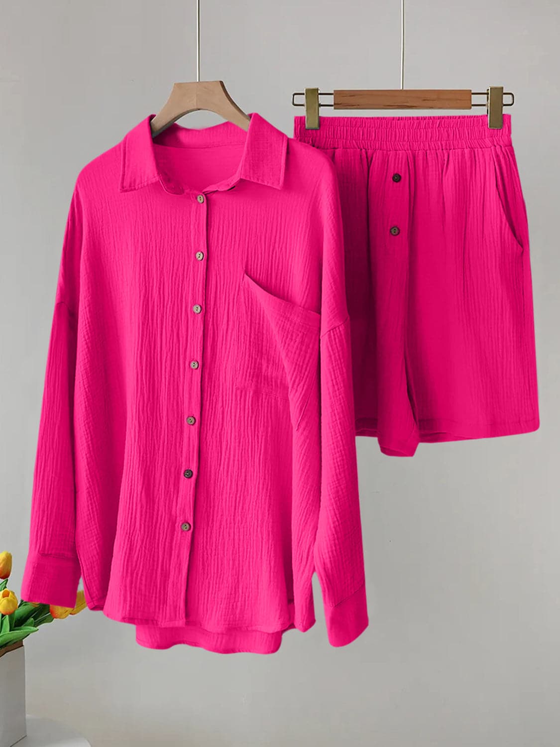 Button Up Dropped Shoulder Top and Shorts Set.