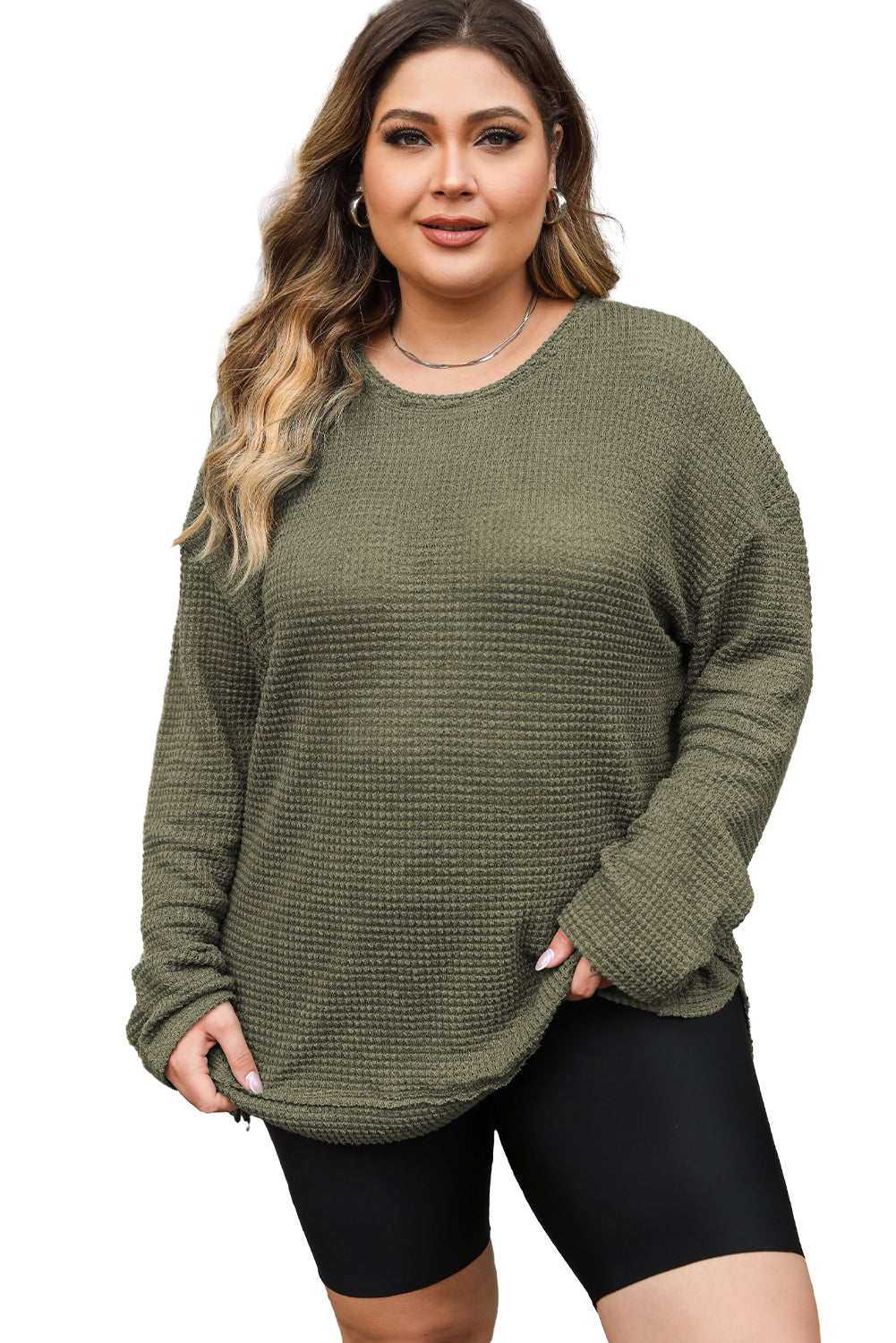 Chic moss green plus size textured knit top with long sleeves