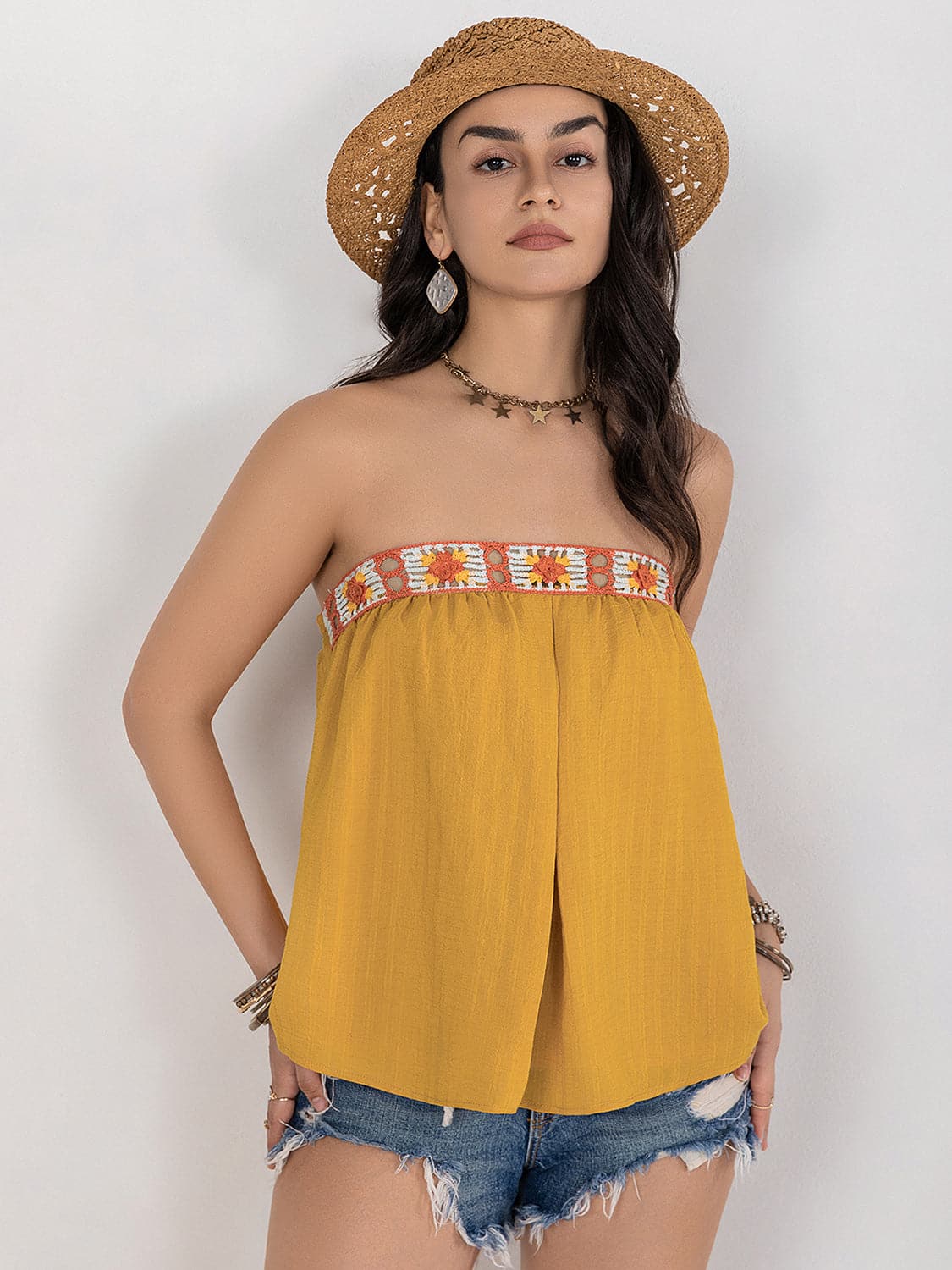 Embroidered Tube Sleeveless Top.