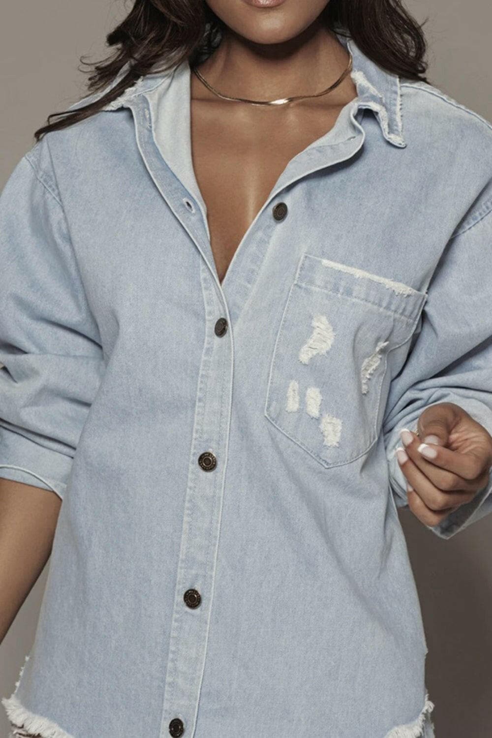 Distressed Long Sleeve Longline Denim Jacket.