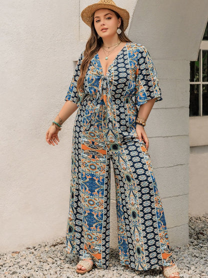 Plus Size Printed Half Sleeve Wide Leg Jumpsuit.