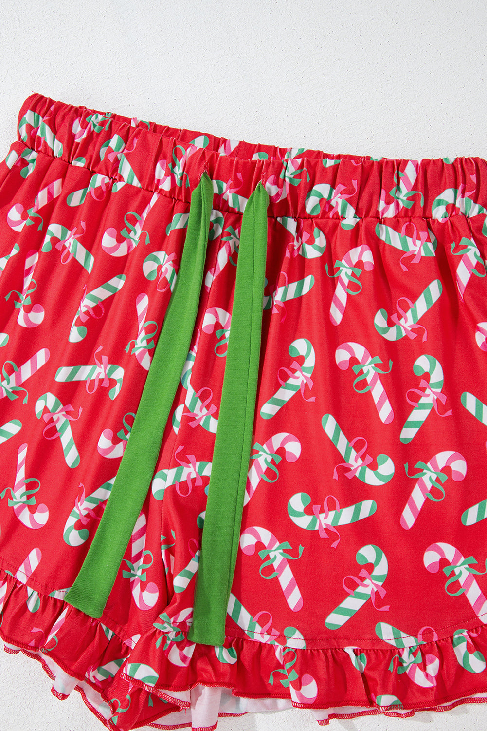 Festive Red Candy Cane Pocketed Pajama Set with Knotted Shorts