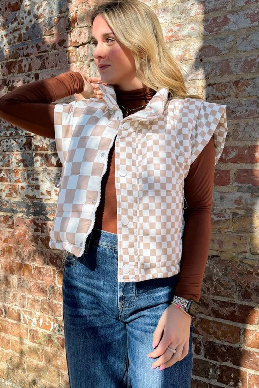 Khaki Contrast Plaid Quilted Button Zip Up Vest For Women Dear-Lover Dropshipping