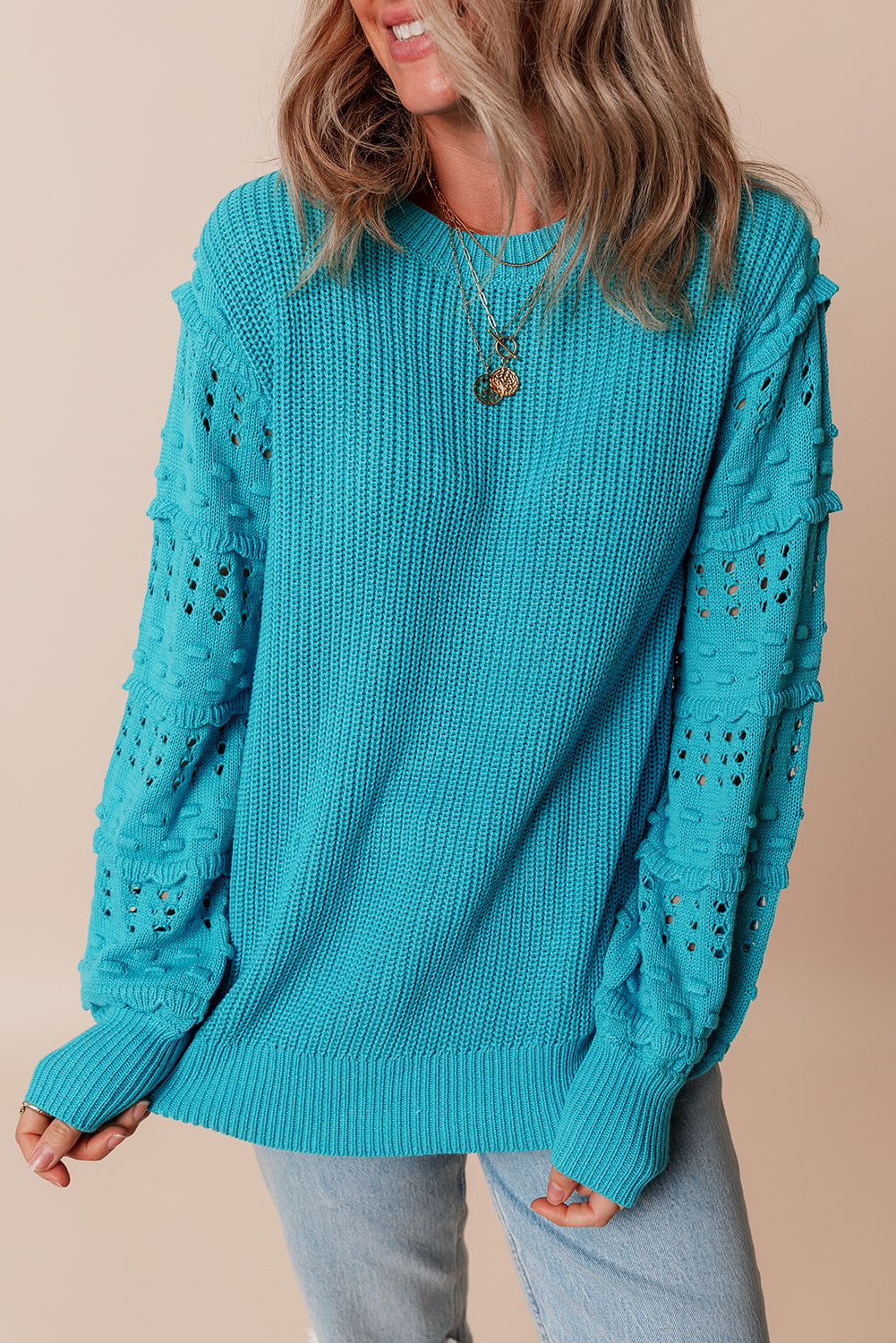 Turquoise ruffled bubble sleeve knit sweater