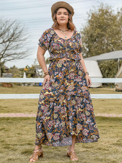 Plus Size Tie Neck Short Sleeve Top and Skirt SetUpgrade Your Wardrobe with our Plus Size Tie Neck Short Sleeve Top and Skirt Set
 Step into style with our chic two-piece set featuring a tie neck short sleeve top aLove Salve Size Tie Neck Short Sleeve Topjust arrived