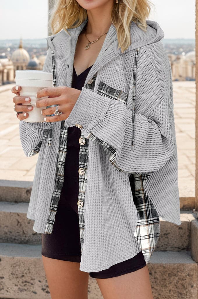 Plaid Waffle-Knit Drawstring Hooded Jacket.