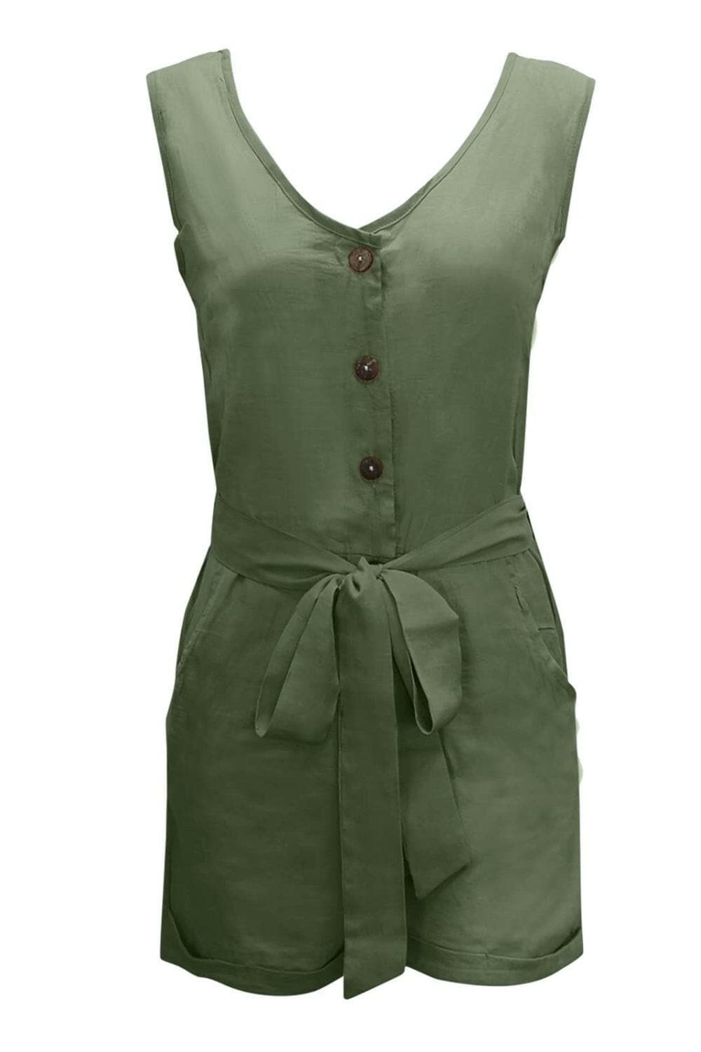 Full Size Tied V-Neck Sleeveless Romper with Pockets.