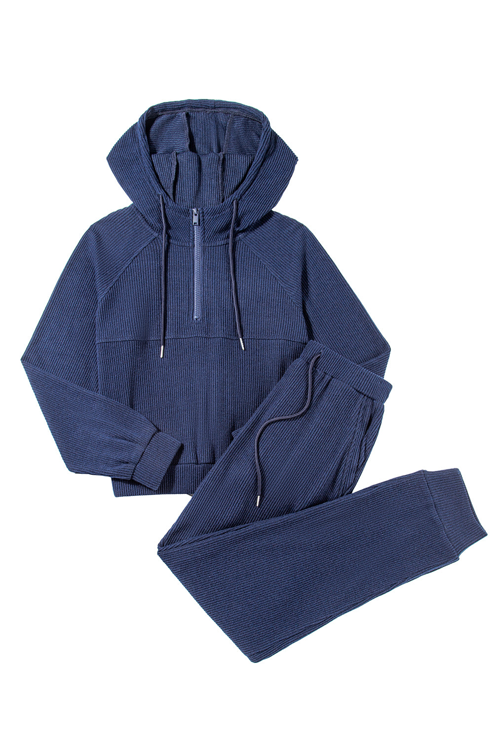 Chic navy blue ribbed knit cropped hoodie and jogger set