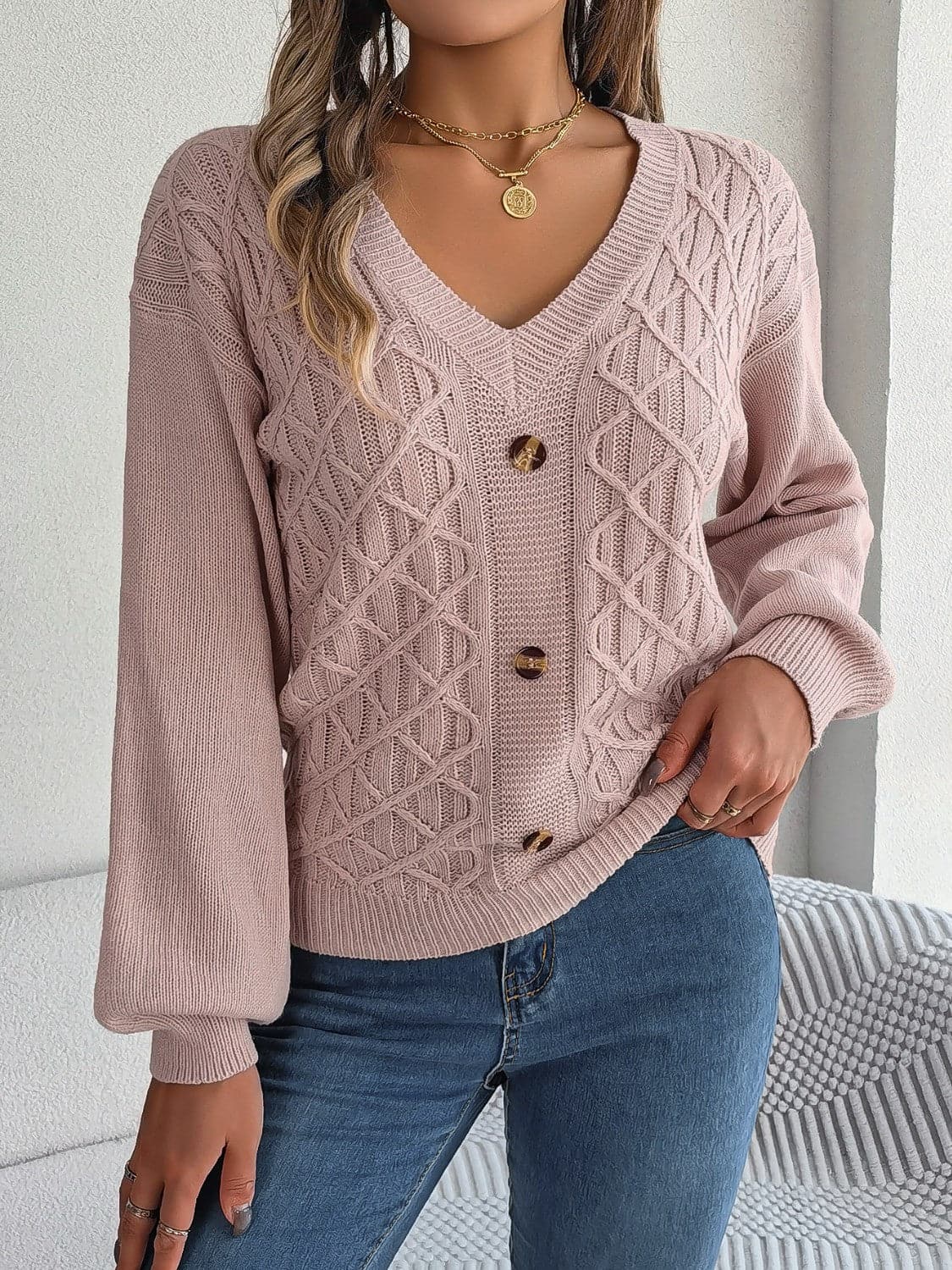 Cable-Knit V-Neck Lantern Sleeve Sweater.