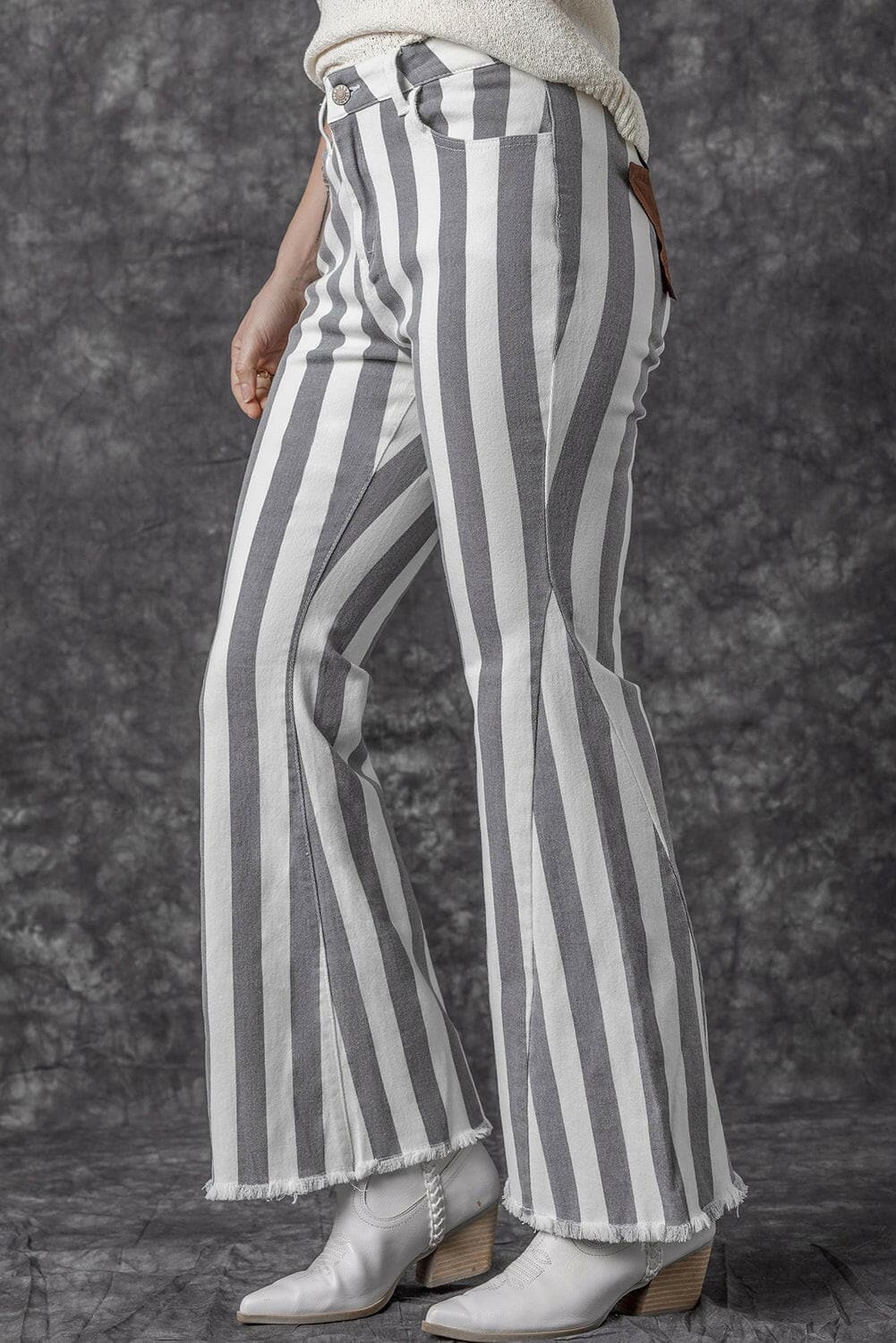 Star Applique Striped Jeans with Raw Hem & Distressed Details.