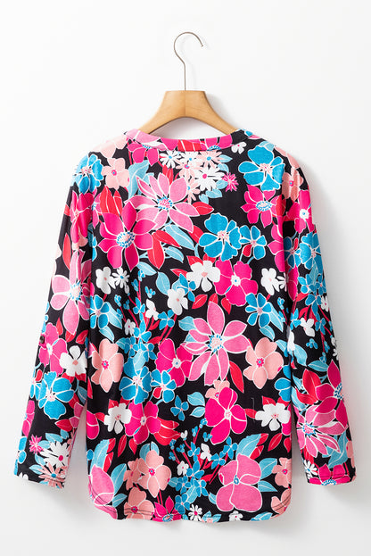 Pink Floral V Neck Roll Tab Sleeve Blouse