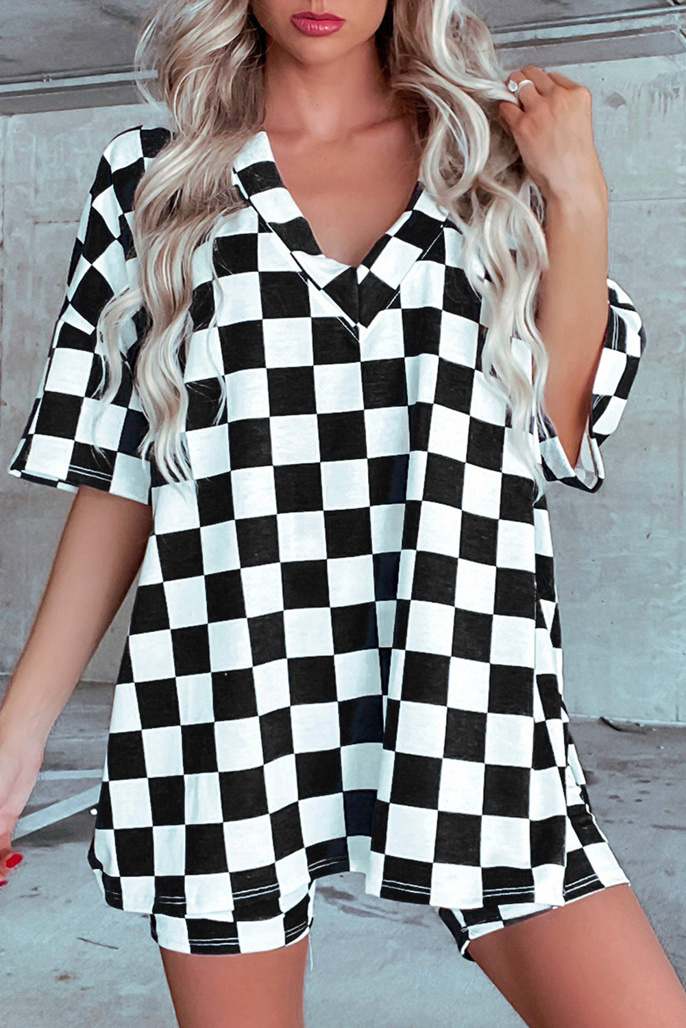 Black Checkerboard Print V Neck Loose Tee and Shorts Set