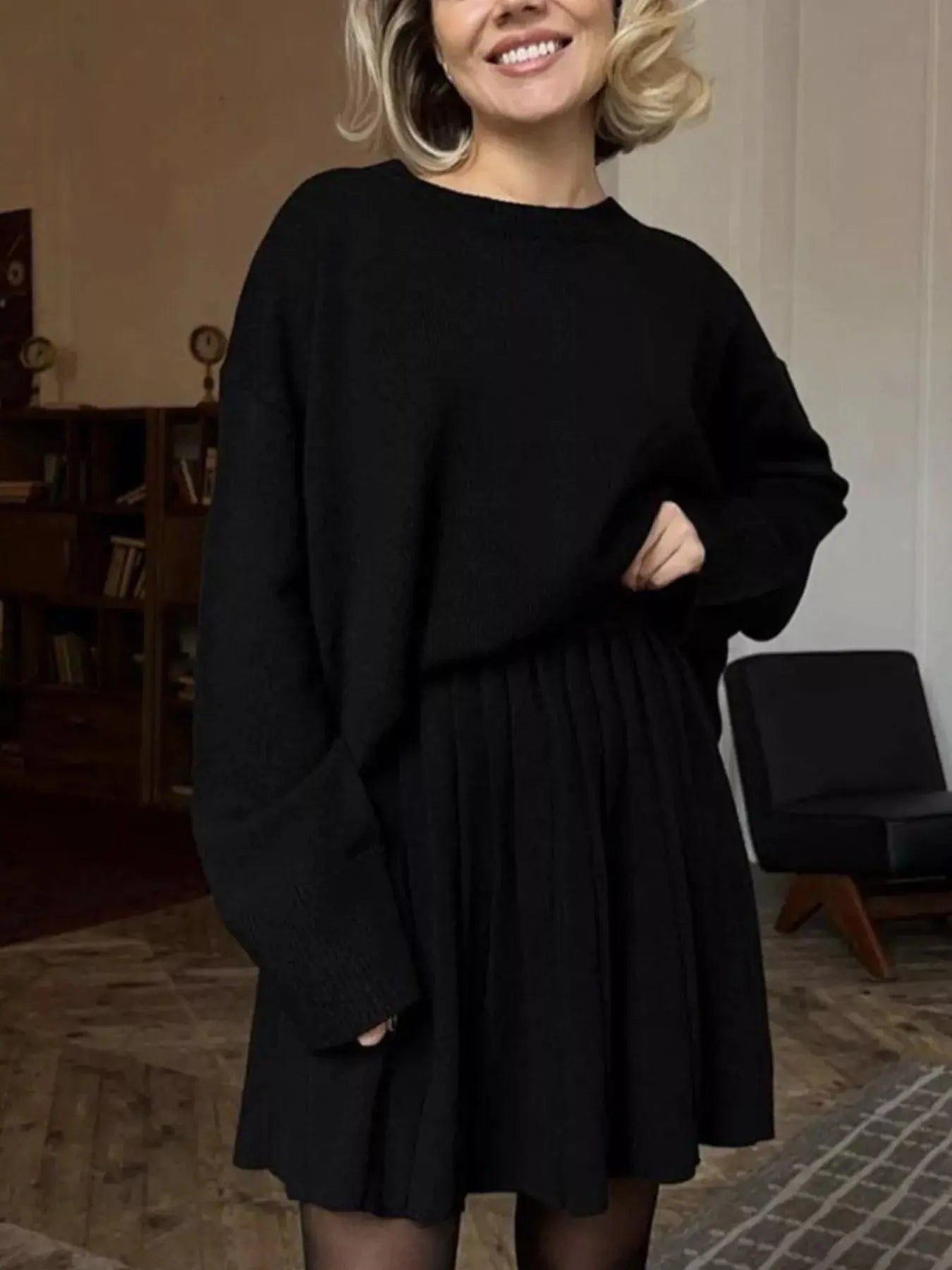 Round Neck Top and Pleated Skirt Sweater Set Simply Love