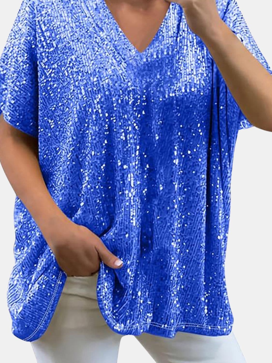 Full Size Sequin V-Neck Short Sleeve Top.