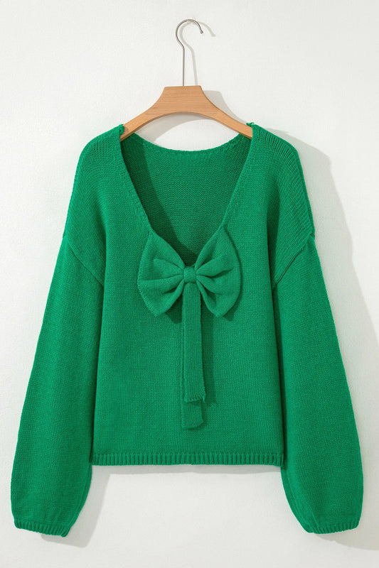 Bright Green Festive Bow Backless Bubble Sleeve Knit Sweater For Women Dear-Lover Dropshipping