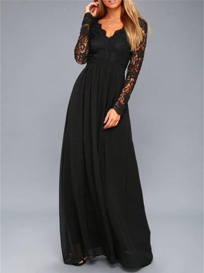 Backless elegance: Lace detail long sleeve maxi dress