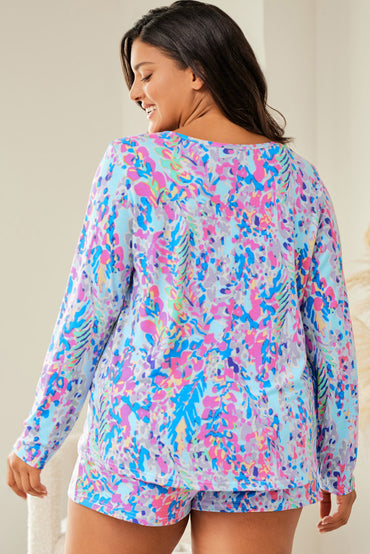 Sky Blue Floral Lounge Set for Plus Sizes with Long Sleeves and Shorts