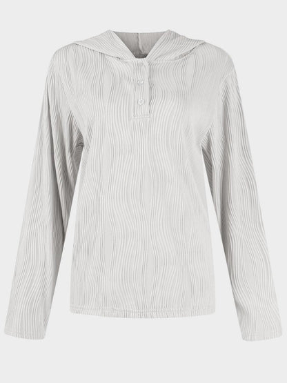 Chic textured long sleeve hoodie with buttoned sheer details