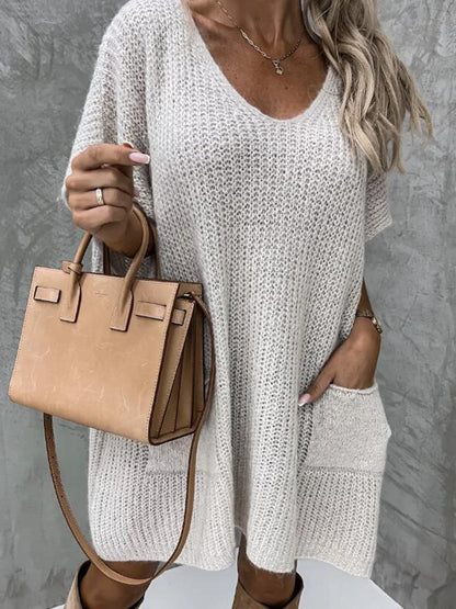 Short Sleeve Sweater Dress with Pockets.