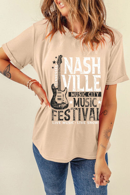 Casual letter graphic tee for women with Nashville music festival design, round neck, short sleeves.