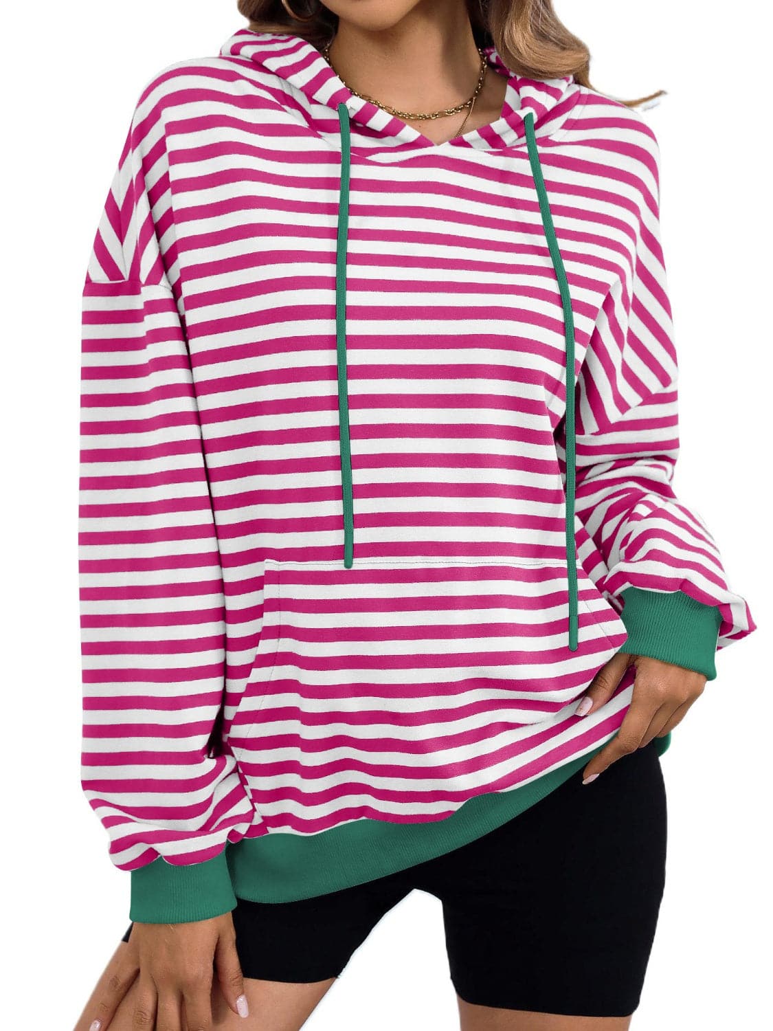 Drawstring Striped Long Sleeve Hoodie.